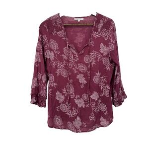 Sara Michelle Mauve Floral Boho Blouse L Peasant 3/4 Sleeve Cottage Fairy light